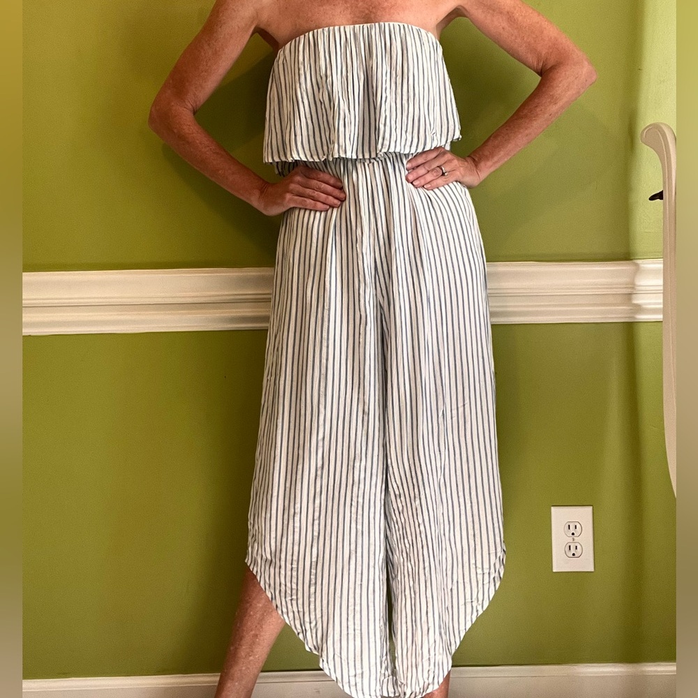 EUC Joppa Blue and White Striped Strapless Jumpsuit